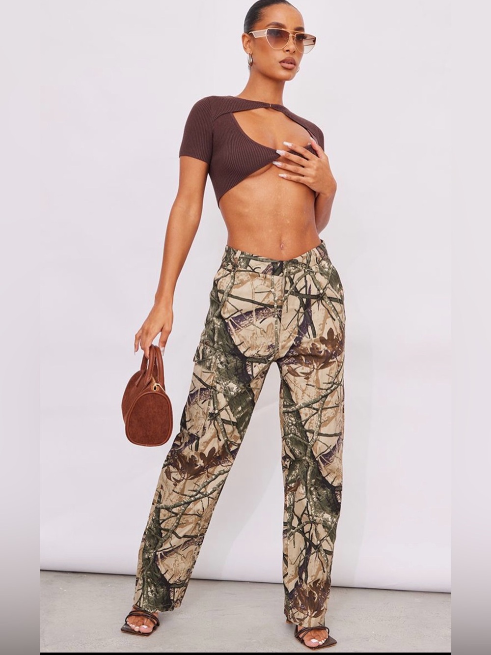 Pretty little thing Khaki Abstract Grunge Military Cargo Camo pants UK 12 US 8